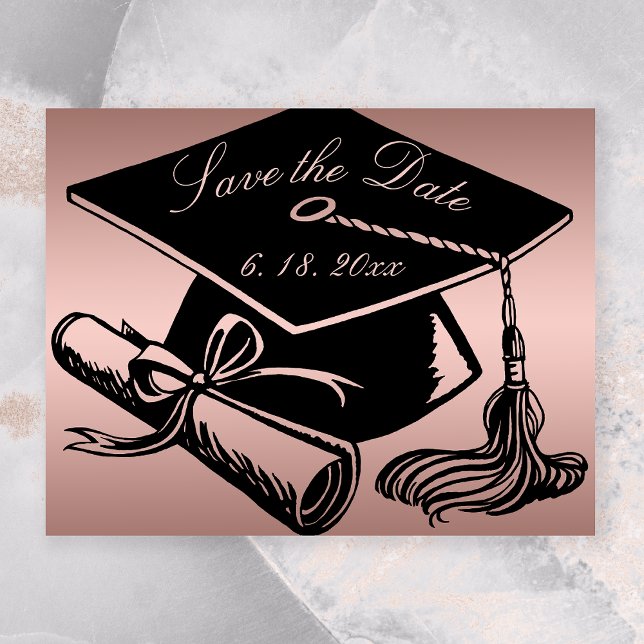 Graduate Rose Gold Grad Cap Diploma Save the Date Announcement Postcard (Rose Gold with Black Grad Cap Diploma Save the Date Graduation Announcement Postcard)