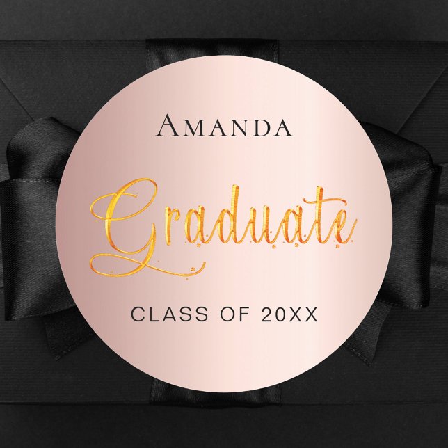 Graduate rose gold name cap elegant classic round sticker (Creator Uploaded)