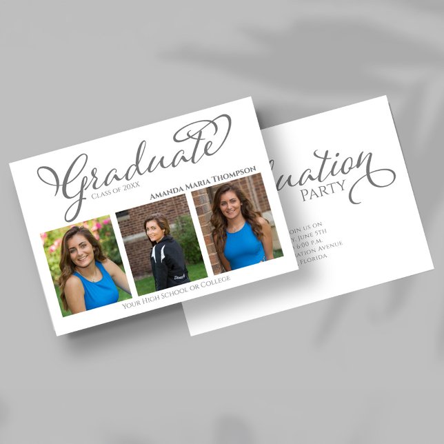 Graduate Script 3 Photo Graduation Announcement (Elegant graduation photo announcement with script typography and party invitation details on reverse)