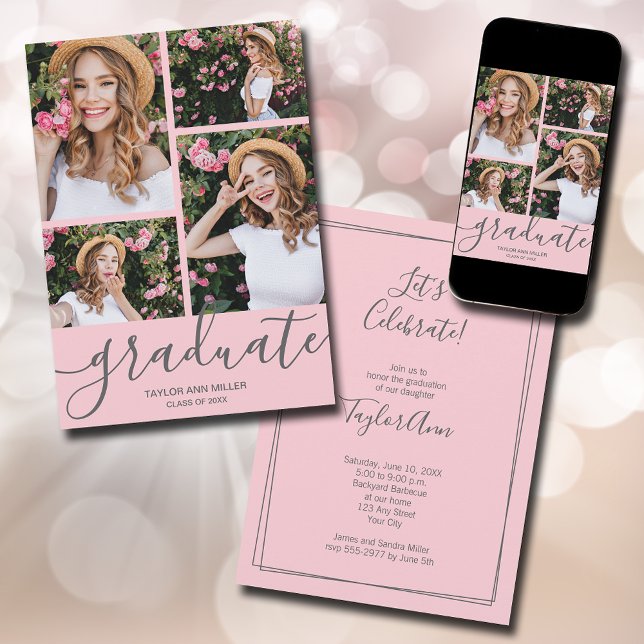 Graduate Script 4 Photo Pink Graduation Announcement (Modern script 4 photo pink graduation announcements - PRINTED and/or INSTANT DOWNLOAD)