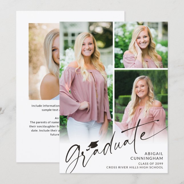 Graduate Script 4 Photos Graduation Announcement (Front/Back)