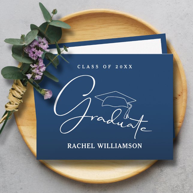 Graduate Script Blue Thank You Card (Graduate script blue flat thank you notes have room for your message on the back)
