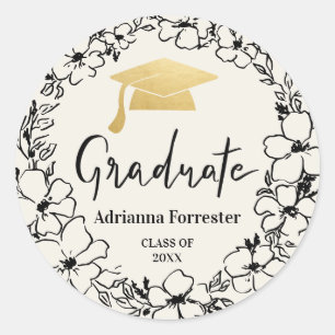 Graduate Script   Grad Hat Gold Floral Wreath  Classic Round Sticker