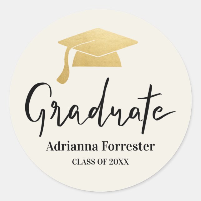 Graduate Script | Grad Hat Gold Foil | Modern Classic Round Sticker (Front)