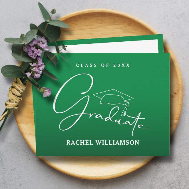Graduate Script on Green Thank You Card (Graduate in white script calligraphy on green flat thank you note cards with message on the back)
