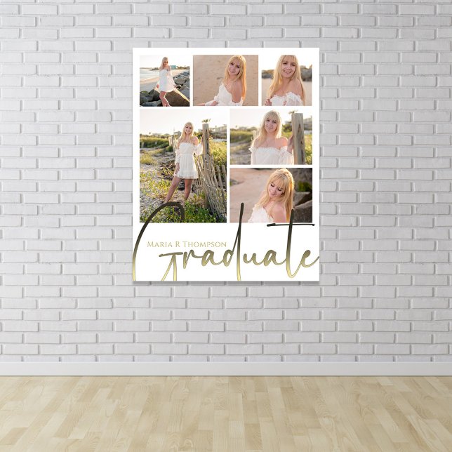 Graduate Script Photo Collage Elegant Gold Poster (Graduation photo collage party poster with gold calligraphy.)