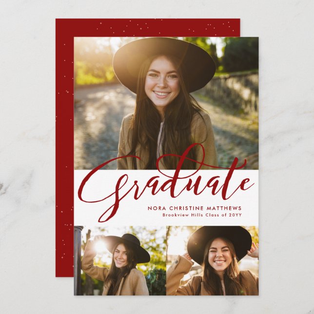 Graduate script three photo red graduation invitation (Front/Back)