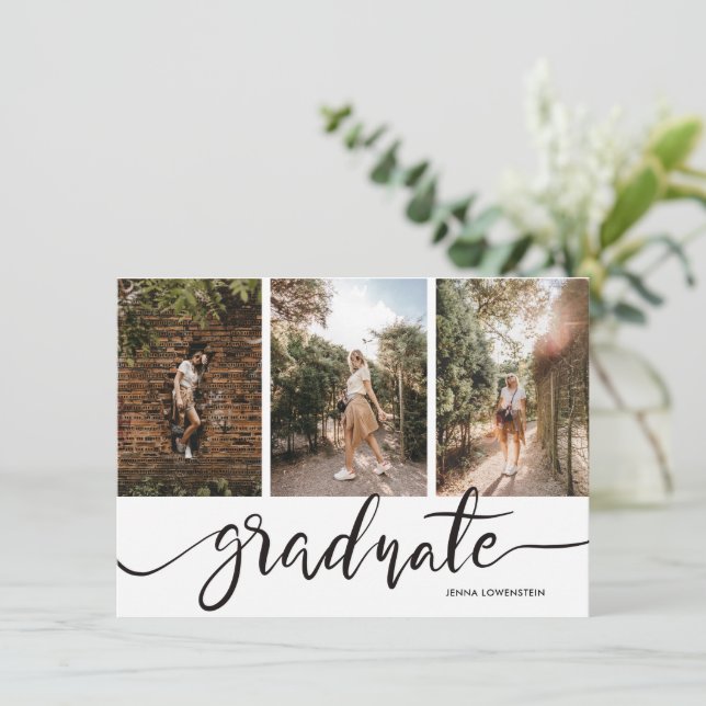Graduate Script Three Photos Graduation Party Invi Invitation (Standing Front)