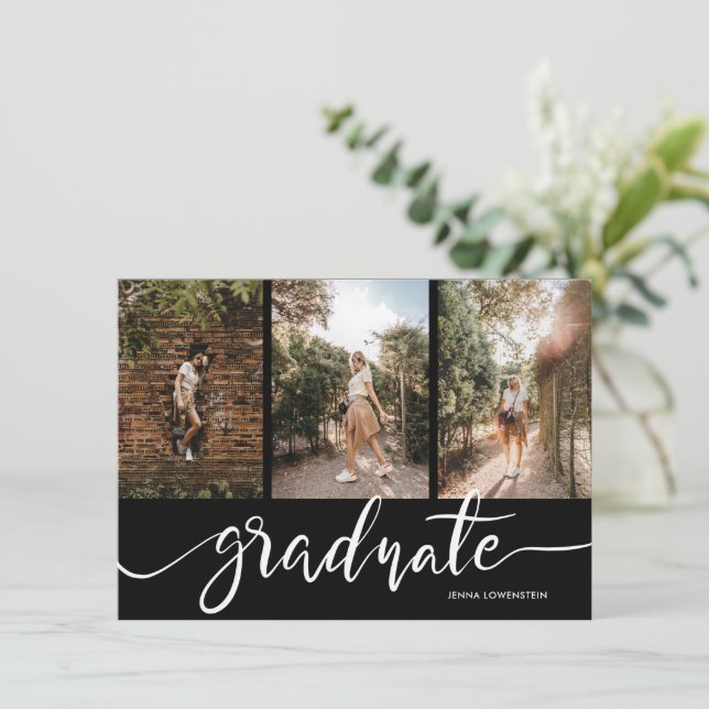 Graduate Script Three Photos Graduation Party Invitation (Standing Front)