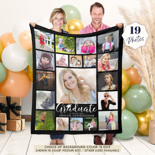 Graduate Script Typography 19 Photo Collage Black Fleece Blanket