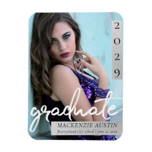 Graduate Script   White Silver Photo Announcement Magnet
