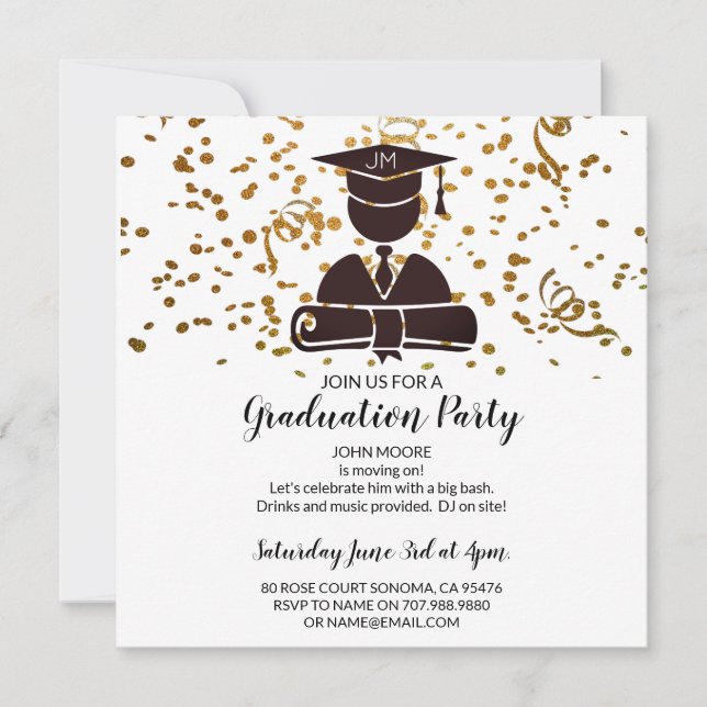 Graduate Silhouette Diploma & Cap Confetti Invitation (Front)