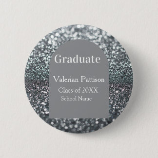 Graduate silver gray glitter arch shape name year 6 cm round badge