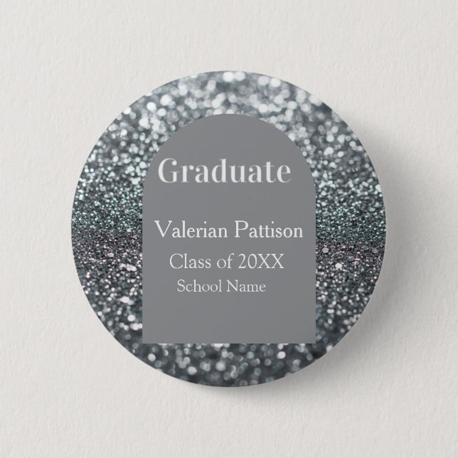 Graduate silver gray glitter arch shape name year 6 cm round badge (Front)