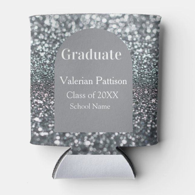 Graduate silver gray glitter arch shape name year can cooler (Front)