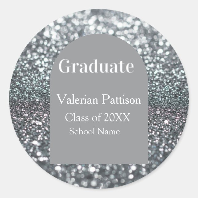 Graduate silver gray glitter arch shape name year classic round sticker (Front)