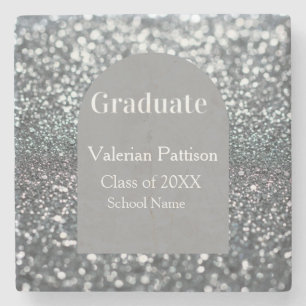 Graduate silver gray glitter arch shape name year stone coaster