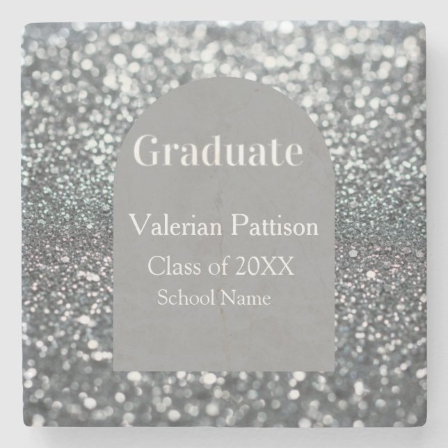 Graduate silver gray glitter arch shape name year stone coaster (Front)