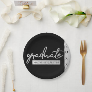 Graduate Silver Script Trendy Faux Metallic Paper Plate