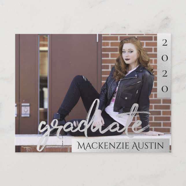 Graduate Silver Script | Trendy Photo Invitation Postcard (Front)