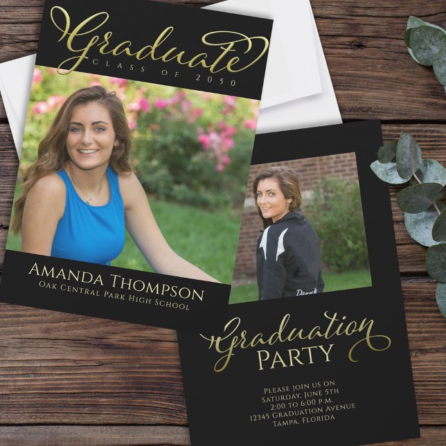 Graduate Simple Black Gold Calligraphy Script Invitation (Elegant black and gold graduation photo party card with modern typography for Class of 2026! )