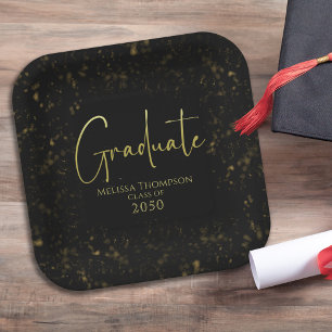Graduate Simple Grad Black Gold Calligraphy Script Paper Plate