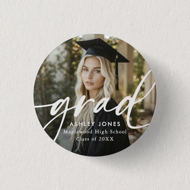 Graduate Simple Modern Script Classic Photo Button (Front)