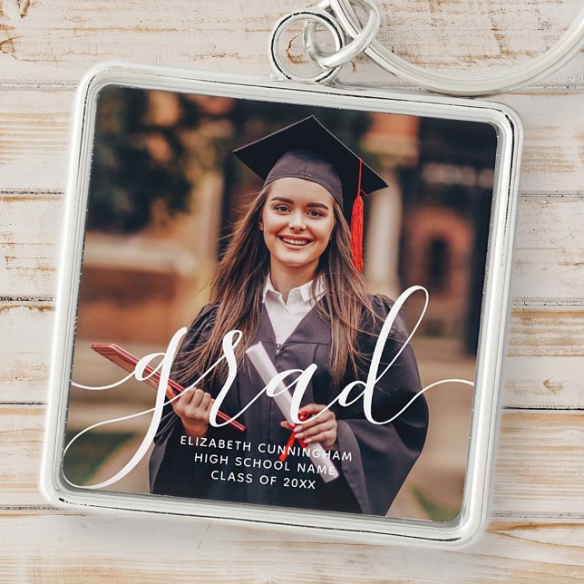 Graduate Simple Modern Script Classic Photo Key Ring (Creator Uploaded)