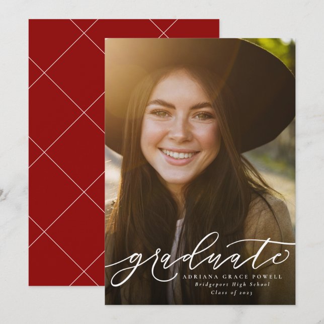 Graduate simple red vertical graduation announcement (Front/Back)