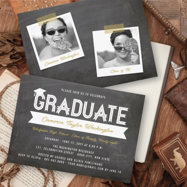 Graduate Simple Ribbon Chalkboard Graduation Party Invitation (Creator Uploaded)