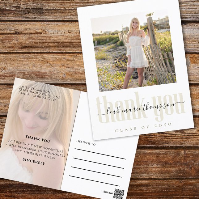 Graduate Simple Stylish Photo Script Thank You  Postcard (Elegant Graduation photo thank you a postcard with a 2 photo template. )