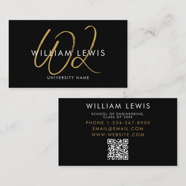 Graduate Student Black & Gold Script QR Code  Business Card (Front/Back)