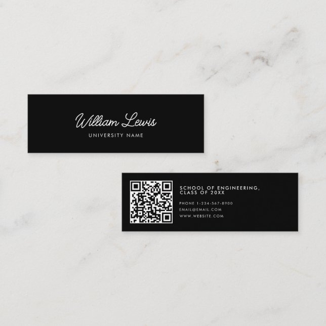 Graduate Student Script Minimalist QR Code Black Mini Business Card (Front/Back)