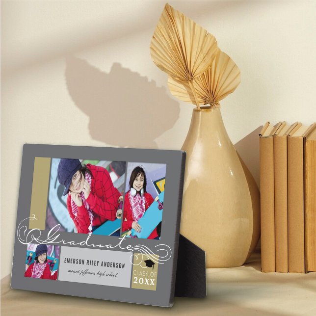 Graduate Stylish Scrolls 3 Photo Graduation Easel Plaque (Graduate Stylish Scrolls 3 Photo Graduation Easel Plaque by fatfatin @ www.zazzle.com/color_therapy)
