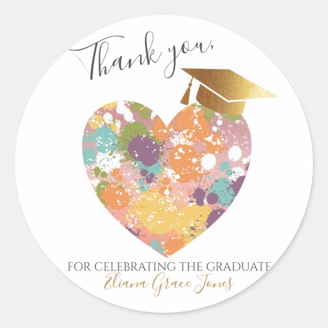 Graduate tassel cap heart gold yellow thank you classic round sticker (Front)
