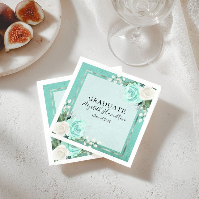 Graduate Teal & Foil Silver Chic Floral Graduation Napkin (Creator Uploaded)