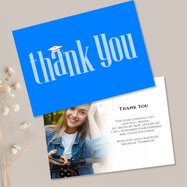 Graduate Thank You Photo Modern Azure Blue White (Graduation photo azure blue and white modern typography style. )