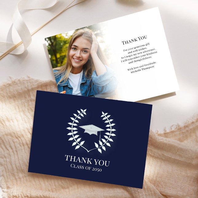 Graduate Thank You Photo Navy Blue Classic Elegant (Graduation navy blue and white classic laureate photo thank you card. )