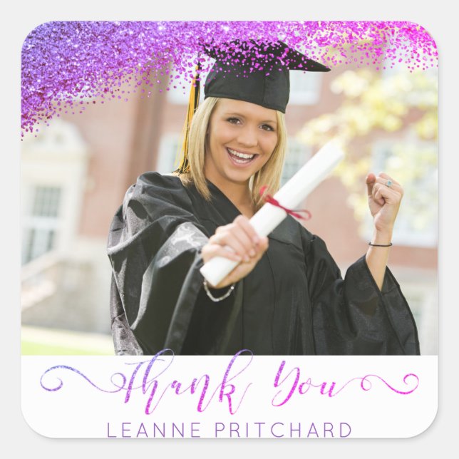 Graduate Thank You Purple Glitter Script Photo Square Sticker (Front)