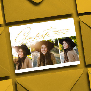 Graduate three photo simple modern golden yellow invitation