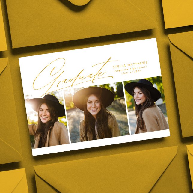 Graduate three photo simple modern golden yellow invitation (Creator Uploaded)