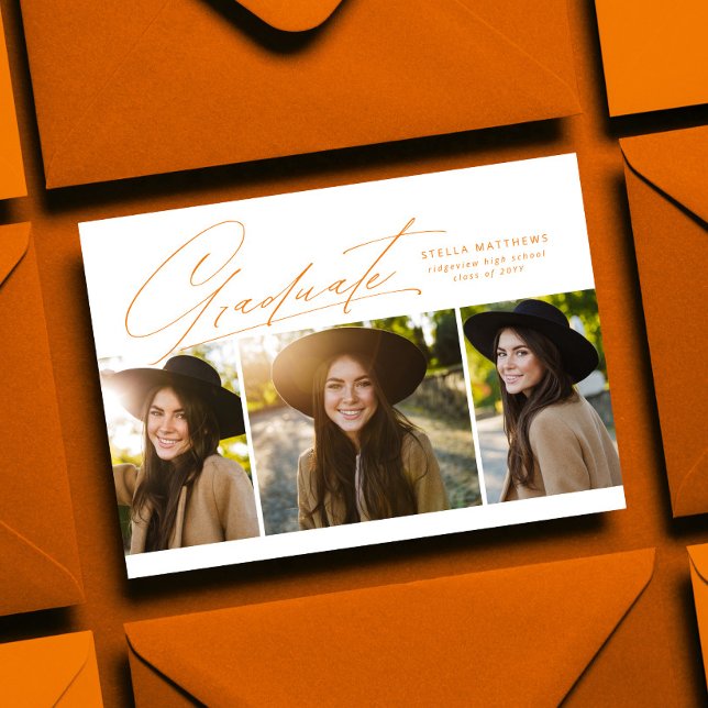 Graduate three photo simple orange graduation invitation (Creator Uploaded)