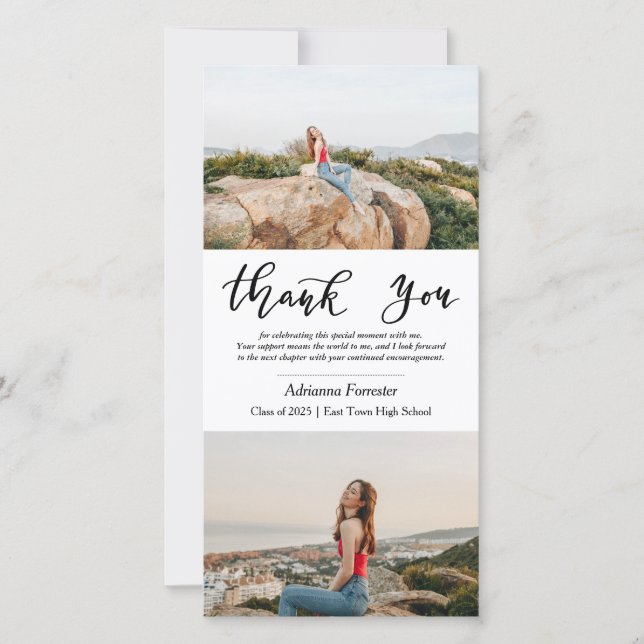 Graduate Two Photo | Modern Thank You Script Card (Front)