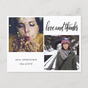 Graduate Typography Love And Thanks Two Photos Announcement Postcard