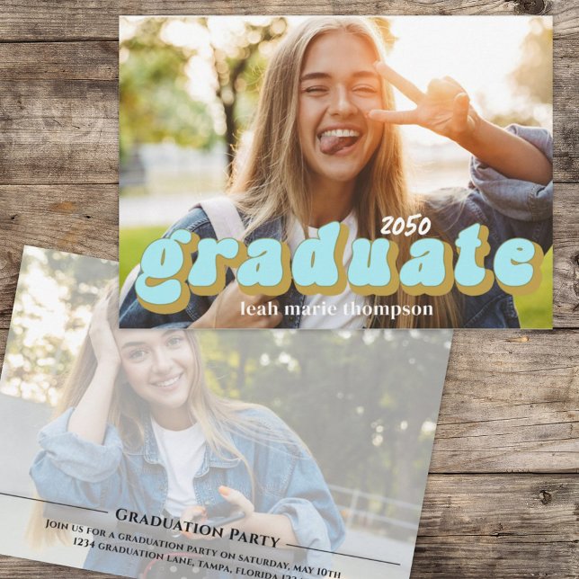 Graduate Typography Photo Blue Simple Two Photo Invitation (Creator Uploaded)
