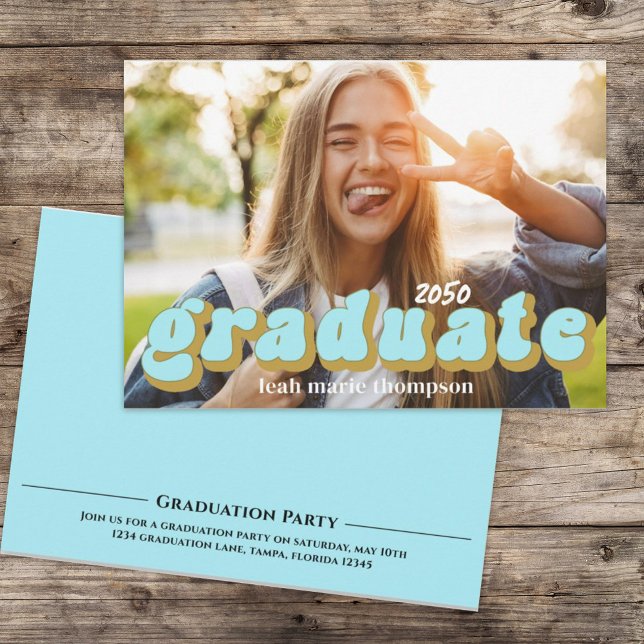 Graduate Typography Photo Simple Blue Fun Retro Invitation (Creator Uploaded)