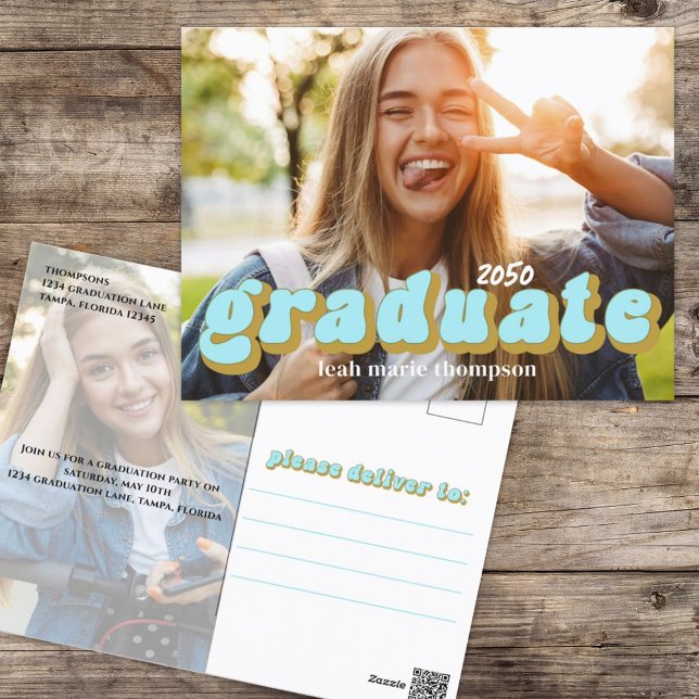 Graduate Typography Simple Blue Retro Two Photo Postcard (Graduation photo invitation template with retro style lettering.)