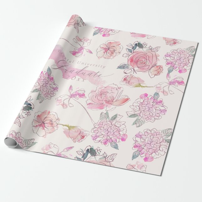 Graduate Watercolor Blush floral Rose Monogram Wrapping Paper (Unrolled)