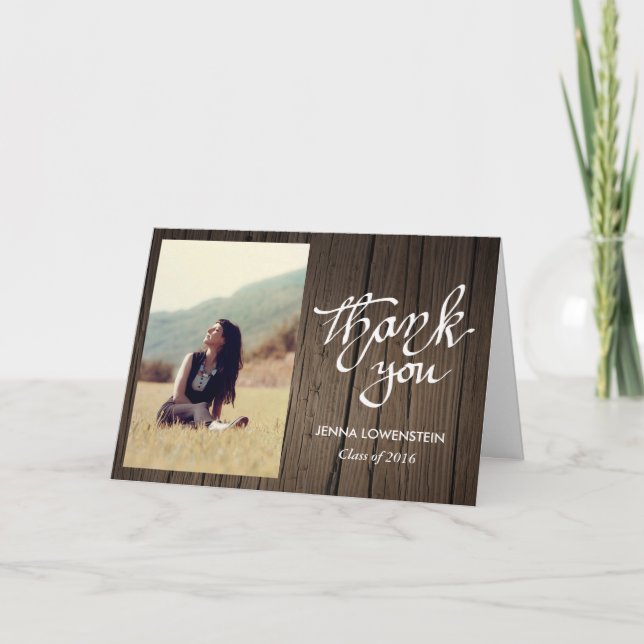 Graduate Wood Thank You Handwritten Photo Card (Front)