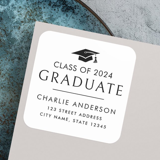 Graduate year graduation cap white return address square sticker (Graduate year graduation cap white return address square sticker)